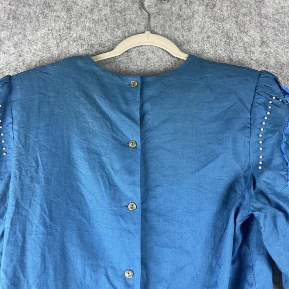 Vintage Bellino Paris Mode Top Womens 14 Blue Ramie Embroidered Beaded Applique - Picture 9 of 14
